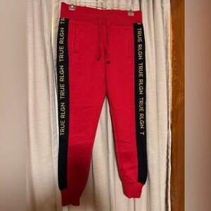 True Religion Red Joggers with Black and Gold Accents
